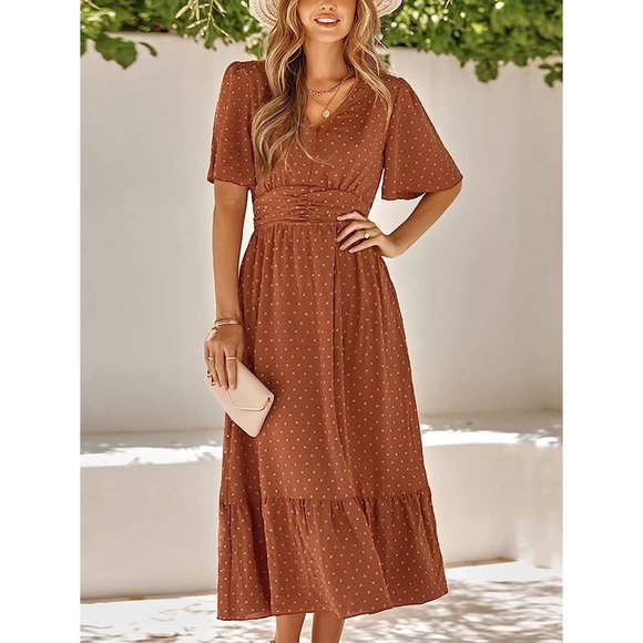 IFFEI Summer Maxi Dress V Neck Chiffon Ruffle Sleeve Swiss Dots A-Line Dress - Picture 3 of 7